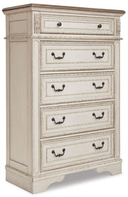 Realyn California King Sleigh Bed with Mirrored Dresser, Chest and Nightstand in Chipped White - PKG006653