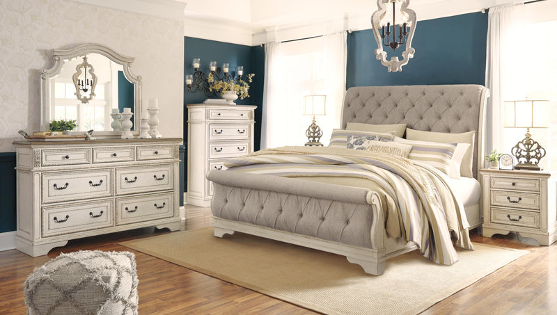 Realyn California King Sleigh Bed with Mirrored Dresser, Chest and Nightstand in Chipped White - PKG006653