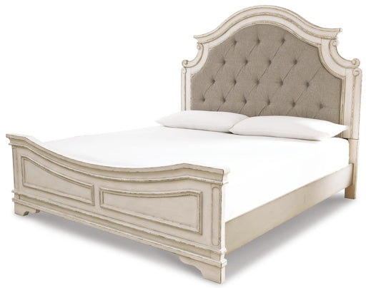 Realyn California King Upholstered Panel Bed with Mirrored Dresser, Chest and 2 Nightstands in Chipped White - PKG006688