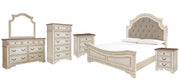 Realyn California King Upholstered Panel Bed with Mirrored Dresser, Chest and 2 Nightstands in Chipped White - PKG006688