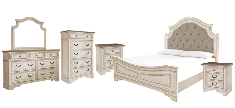 Realyn California King Upholstered Panel Bed with Mirrored Dresser, Chest and 2 Nightstands in Chipped White - PKG006688