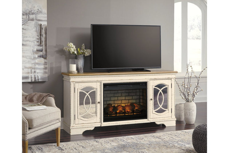 Realyn Chipped White 74" TV Stand with Electric Fireplace - DMV FurnitureTV Stand