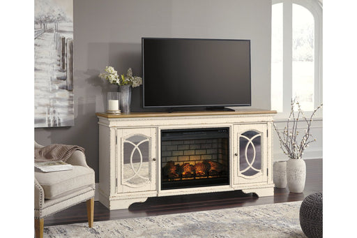 Realyn Chipped White 74" TV Stand with Electric Fireplace - DMV FurnitureTV Stand