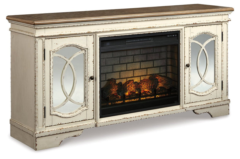 Realyn Chipped White 74" TV Stand with Electric Fireplace - DMV FurnitureTV Stand