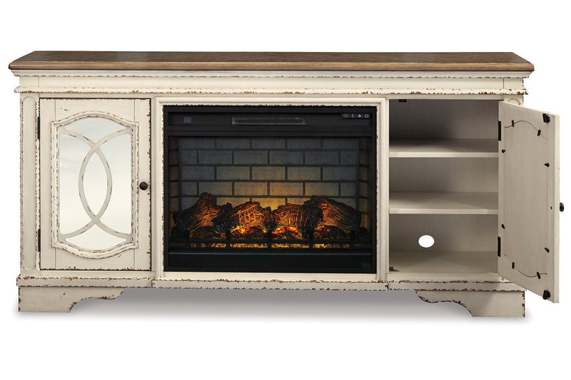 Realyn Chipped White 74" TV Stand with Electric Fireplace - DMV FurnitureTV Stand
