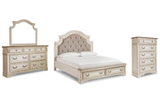 Realyn Chipped White California King Upholstered Bed, Dresser, Mirror and Chest - B743B25