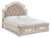 Realyn Chipped White California King Upholstered Bed, Dresser, Mirror and Chest - B743B25
