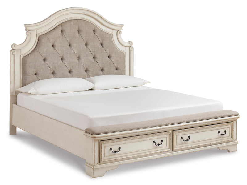 Realyn Chipped White California King Upholstered Bed, Dresser, Mirror and Chest - B743B25