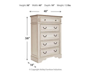 Realyn Chipped White California King Upholstered Bed, Dresser, Mirror and Chest - B743B25