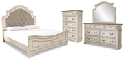 Realyn Chipped White King Panel Upholstered Bed, Dresser, Mirror and Chest - B743B68