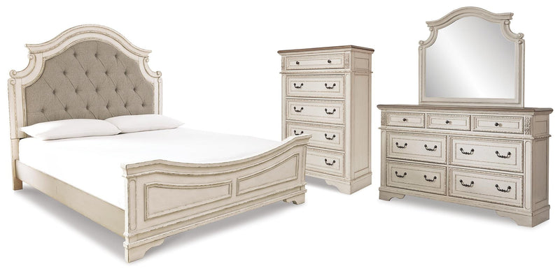 Realyn Chipped White King Panel Upholstered Bed, Dresser, Mirror and Chest - B743B68