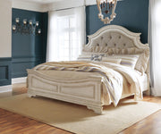 Realyn Chipped White King Panel Upholstered Bed, Dresser, Mirror and Chest - B743B68