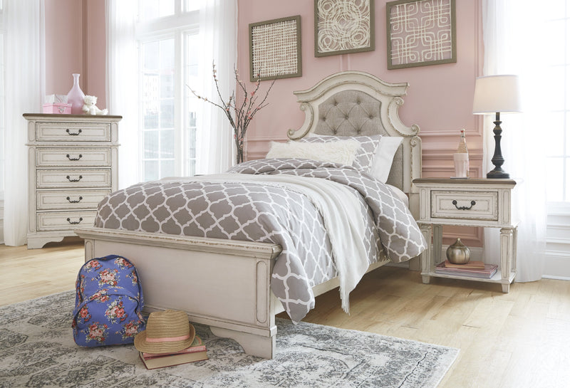Realyn Chipped White Twin Upholstered Bed - DMV FurnitureTwin Bed