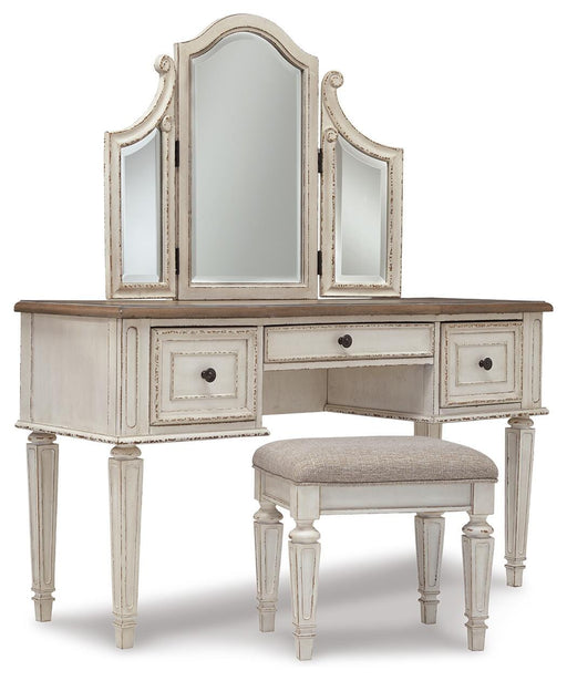Realyn King Storage Bed, Dresser, Mirror, Chest, Vanity with Stool and 2 Nightstands - B743B107