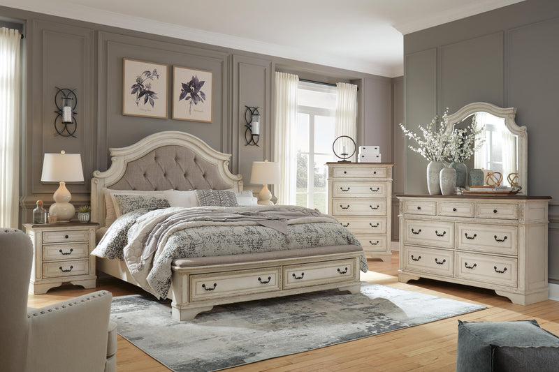 Realyn King Upholstered Bed with Mirrored Dresser and Chest in Two-tone - PKG010792