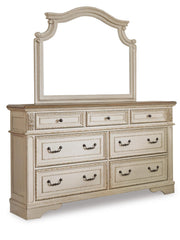 Realyn King Upholstered Panel Bed with Mirrored Dresser, Chest and Nightstand in Chipped White - PKG006681
