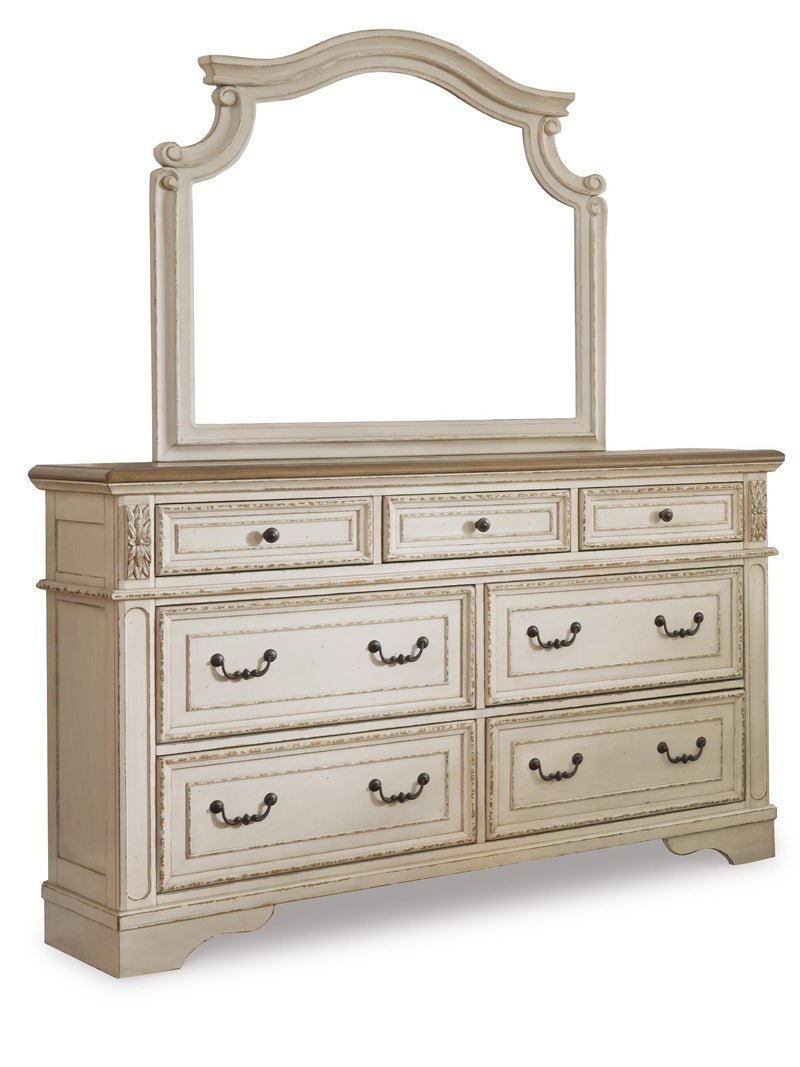 Realyn Queen Sleigh Bed with Mirrored Dresser and 2 Nightstands in Chipped White - PKG006670