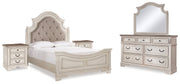 Realyn Queen Upholstered Panel Bed with Mirrored Dresser and 2 Nightstands in Chipped White from Ashley - DMV Furniture