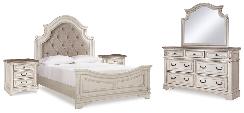 Realyn Queen Upholstered Panel Bed with Mirrored Dresser and 2 Nightstands in Chipped White from Ashley - DMV Furniture
