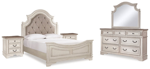 Realyn Queen Upholstered Panel Bed with Mirrored Dresser and 2 Nightstands in Chipped White from Ashley - DMV Furniture