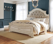 Realyn Queen Upholstered Panel Bed with Mirrored Dresser and 2 Nightstands in Chipped White from Ashley - DMV Furniture