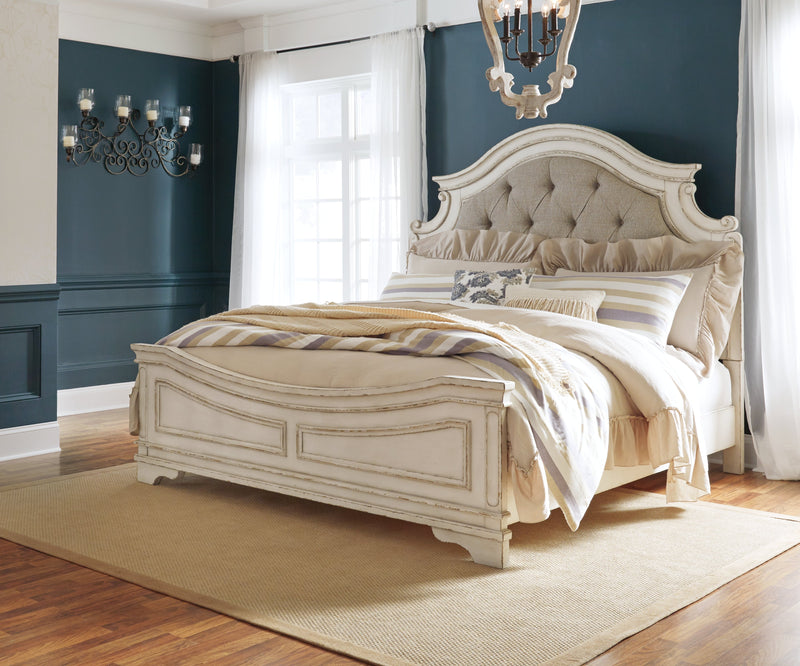 Realyn Queen Upholstered Panel Bed with Mirrored Dresser and 2 Nightstands in Chipped White from Ashley - DMV Furniture