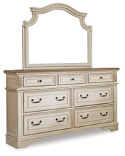 Realyn Queen Upholstered Panel Bed with Mirrored Dresser and 2 Nightstands in Chipped White from Ashley - DMV Furniture