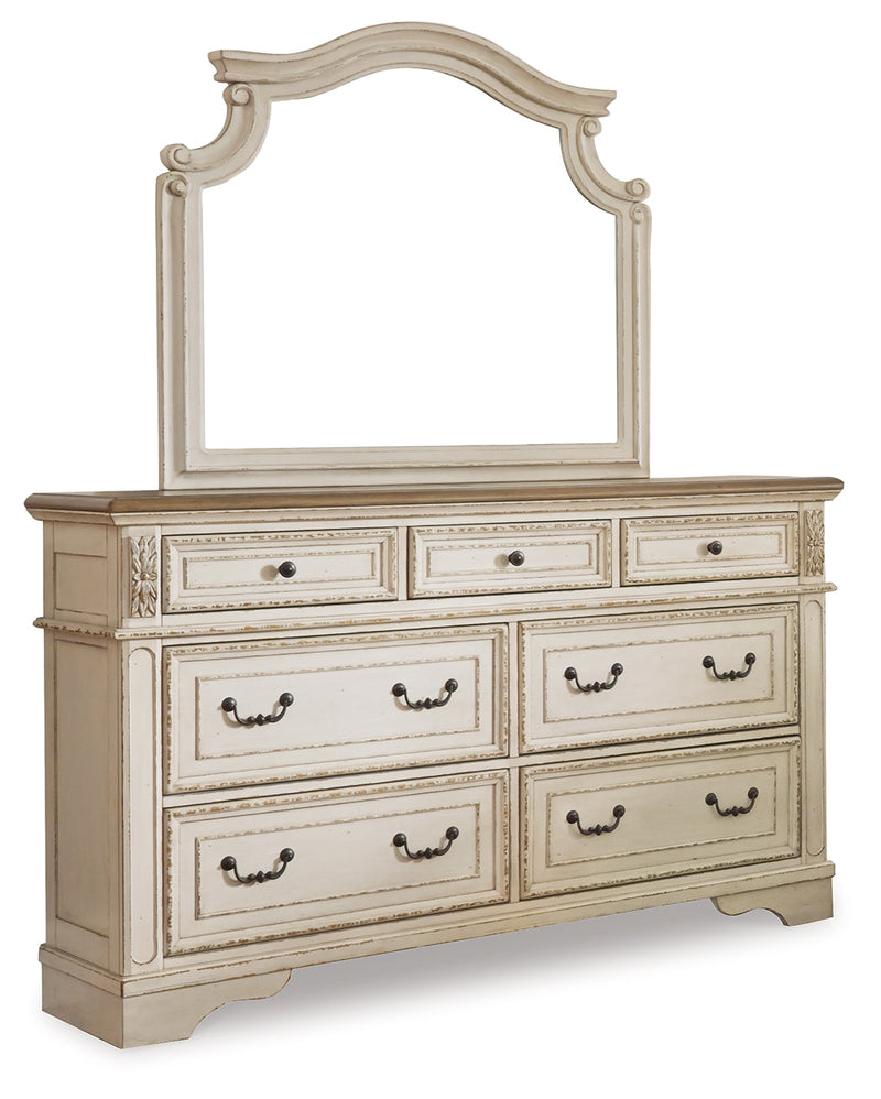 Realyn Queen Upholstered Panel Bed with Mirrored Dresser and 2 Nightstands in Chipped White from Ashley - DMV Furniture