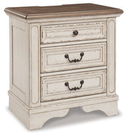 Realyn Queen Upholstered Panel Bed with Mirrored Dresser and 2 Nightstands in Chipped White from Ashley - DMV Furniture