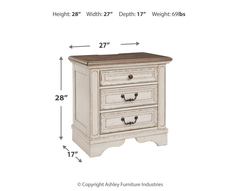 Realyn Queen Upholstered Panel Bed with Mirrored Dresser and 2 Nightstands in Chipped White from Ashley - DMV Furniture