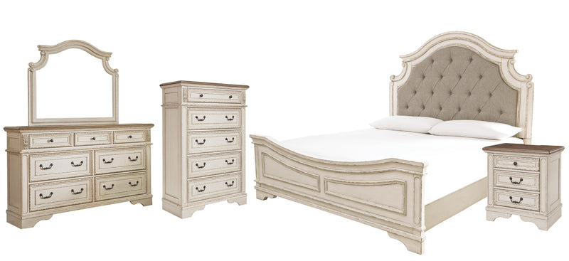 Realyn Queen Upholstered Panel Bed with Mirrored Dresser, Chest and Nightstand in Chipped White - PKG006662