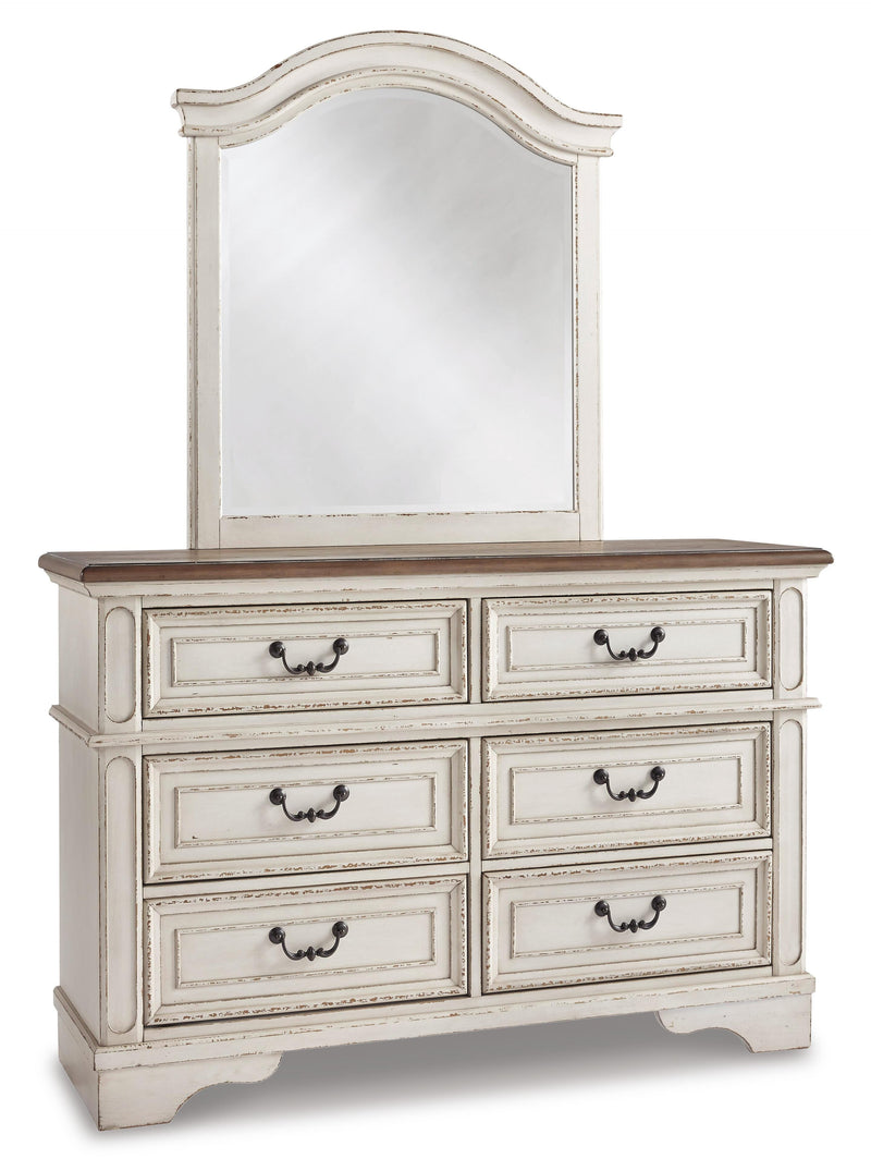 Realyn Twin Panel Bed with Mirrored Dresser and 2 Nightstands in Chipped White - PKG006717