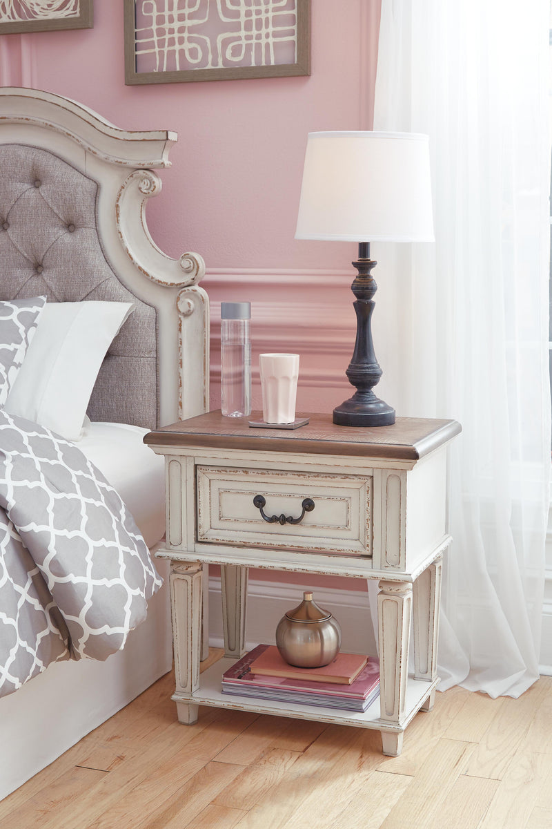 Realyn Two-tone Full Upholstered Panel Bed, Dresser, Mirror, Chest and 2 Nightstands - B743B77