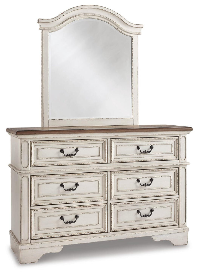 Realyn Two-tone Full Upholstered Panel Bed, Dresser, Mirror, Chest and 2 Nightstands - B743B77