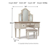 Realyn Two-tone King Panel Bed, Dresser, Mirror, Chest, Vanity and Nightstand - B743B58