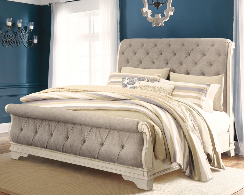 Realyn Two-tone King Upholstered Sleigh Bed, Dresser, Mirror and 2 Nightstands - B743B51
