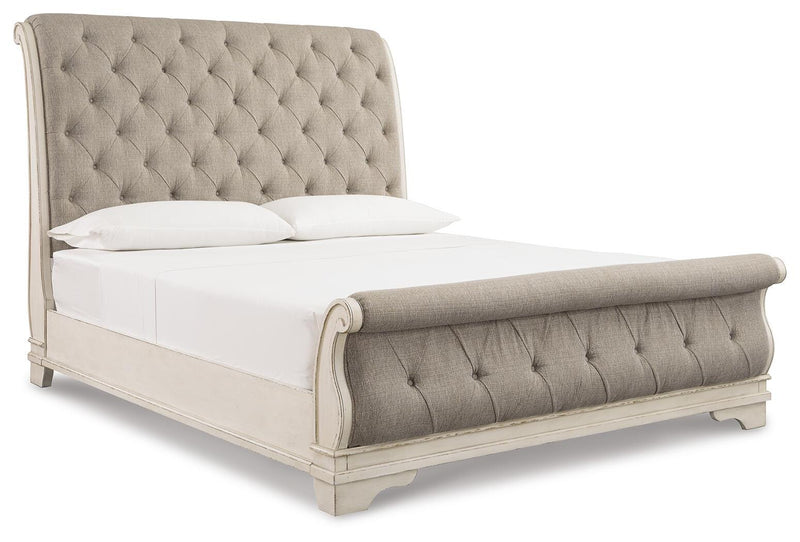Realyn Two-tone King Upholstered Sleigh Bed, Dresser, Mirror and 2 Nightstands - B743B51