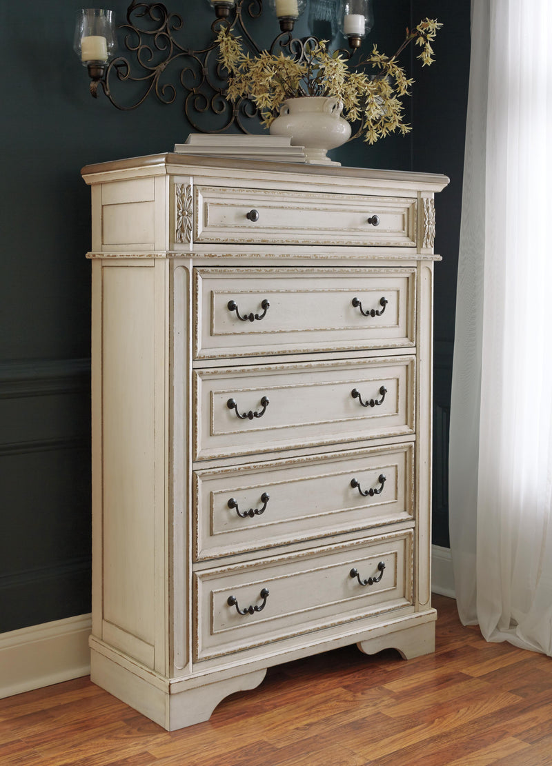 Realyn Two-tone Queen Panel Bed Dresser, Mirror, Chest and Nightstand - B743B82