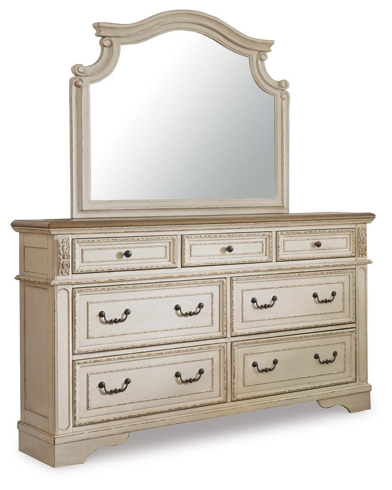 Realyn Two-tone Queen Upholstered Panel Bed, Dresser, Mirror and 2 Nightstands - B743B49