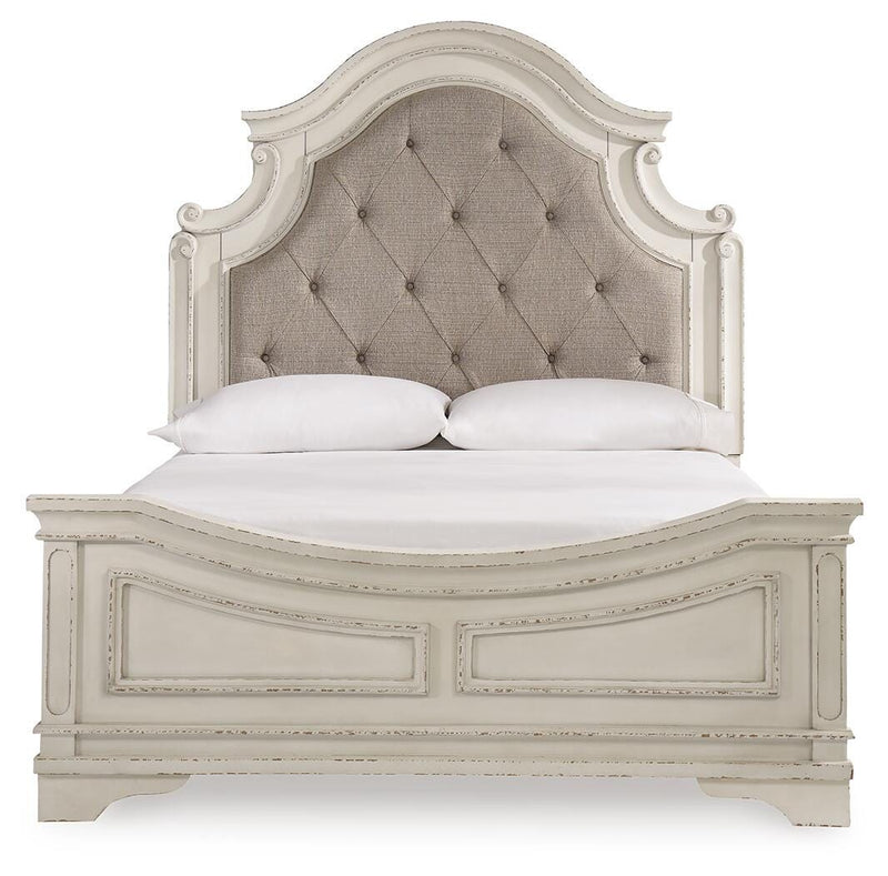 Realyn Two-tone Queen Upholstered Panel Bed, Dresser, Mirror, Chest and 2 Nightstands - B743B61