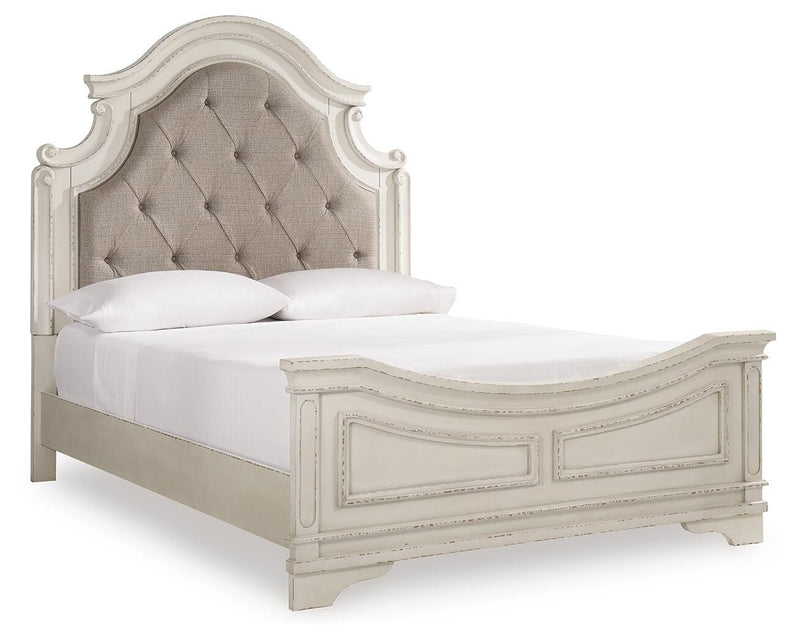Realyn Two-tone Queen Upholstered Panel Bed, Dresser, Mirror, Chest and 2 Nightstands - B743B61