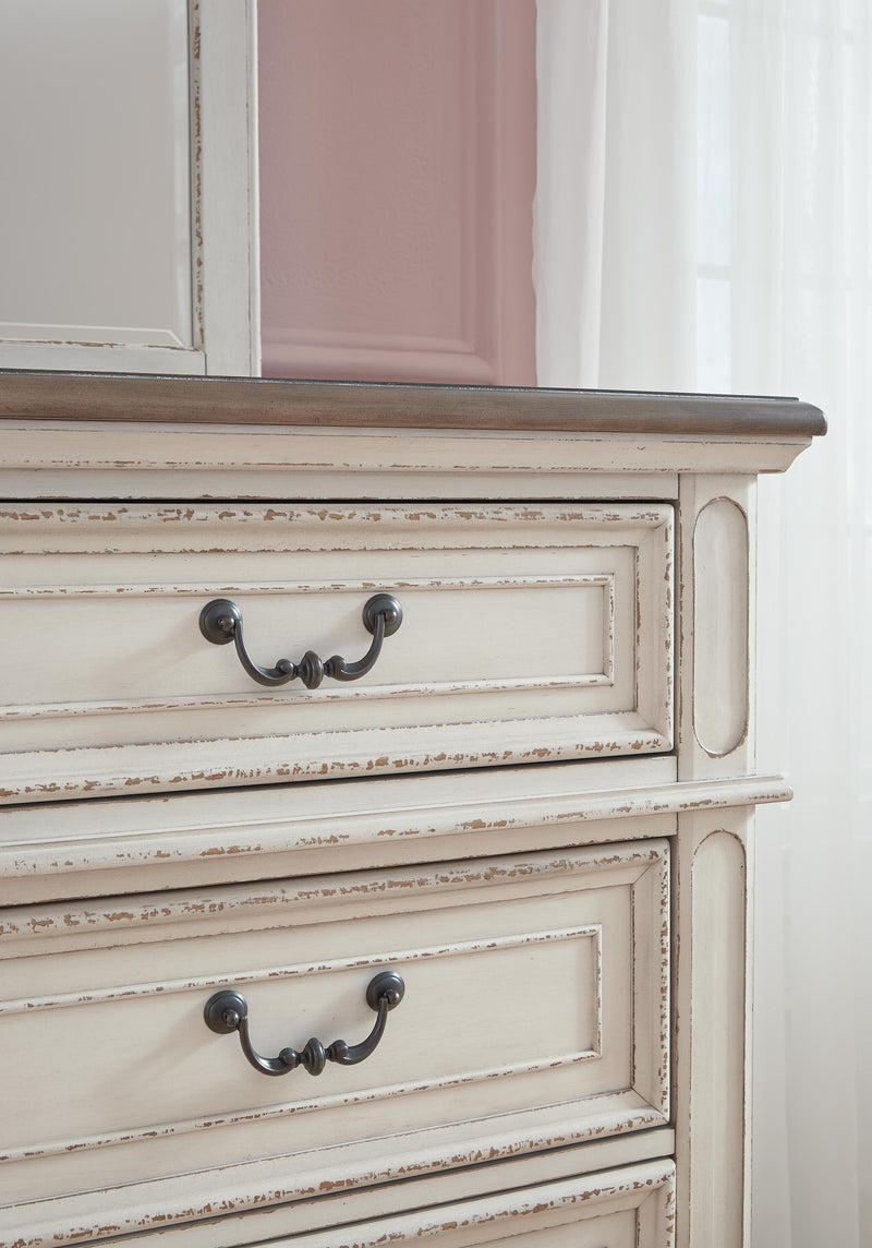 Realyn Two-tone Queen Upholstered Panel Bed, Dresser, Mirror, Chest and Nightstand - B743B47