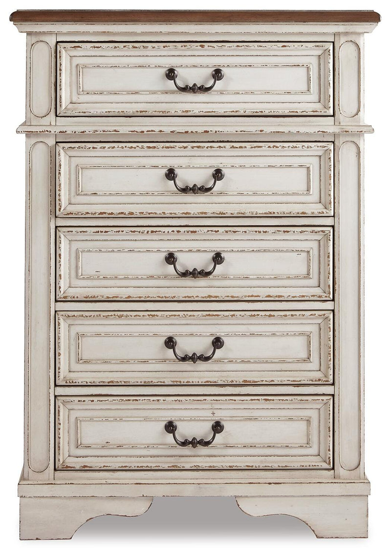 Realyn Two-tone Queen Upholstered Panel Bed, Dresser, Mirror, Chest and Nightstand - B743B47