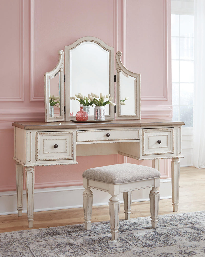 Realyn Two-tone Queen Upholstery Panel Bed, Dresser, Chest, Nightstand, and Vanity Set - B743B35