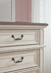 Realyn Two-tone Queen Upholstery Panel Bed, Dresser, Chest, Nightstand, and Vanity Set - B743B35