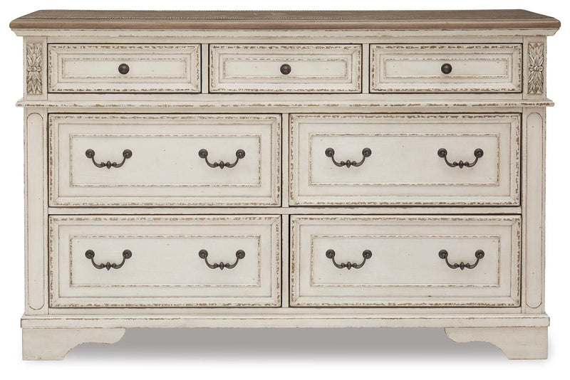 Realyn Two-tone Queen Upholstery Panel Bed, Dresser, Chest, Nightstand, and Vanity Set - B743B35