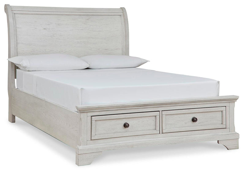 Robbinsdale Antique White Full Storage Sleigh Bed, Dresser, Mirror, Chest and Nightstand - B742B42