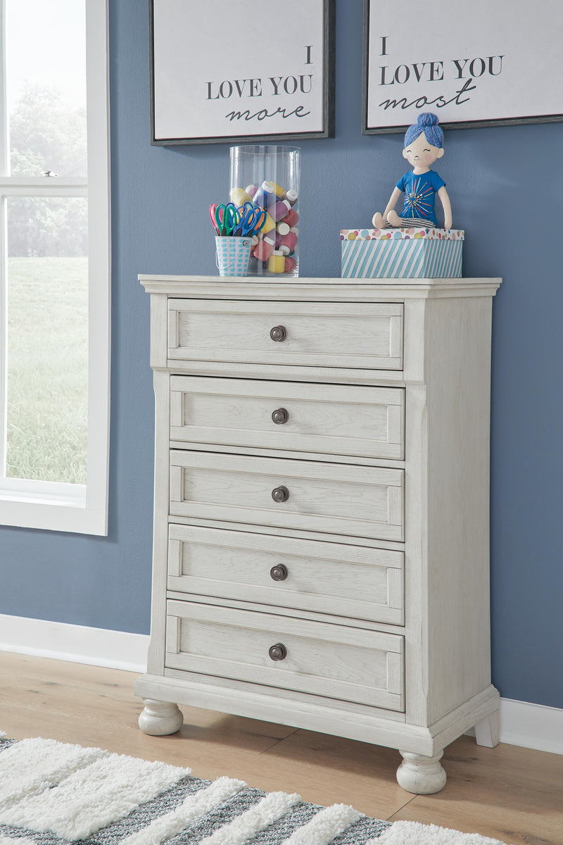 Robbinsdale Antique White Full Storage Sleigh Bed, Dresser, Mirror, Chest and Nightstand - B742B42