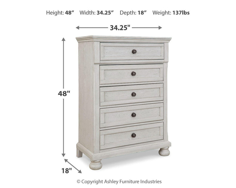 Robbinsdale Antique White Full Storage Sleigh Bed, Dresser, Mirror, Chest and Nightstand - B742B42