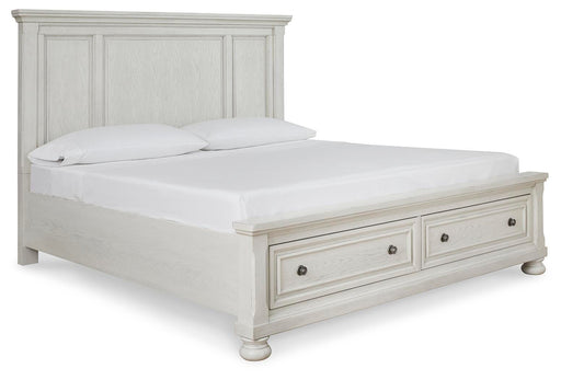 Robbinsdale Antique White King Storage Bed and 2 Nightstands - B742B37